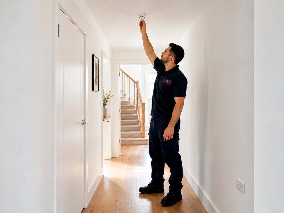 Atlantic Fire engineer installing and testing a domestic ceiling smoke alarm in a residential hallway