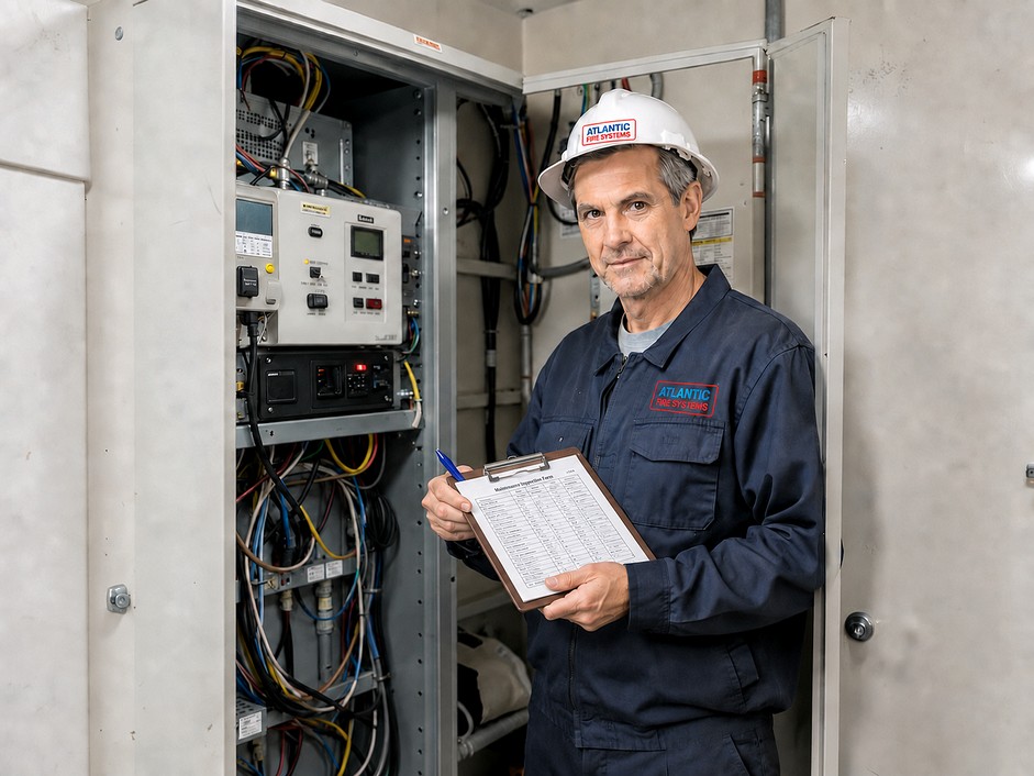 Atlantic Fire engineer holding a maintenance checklist beside an open wet and dry riser control cabinet