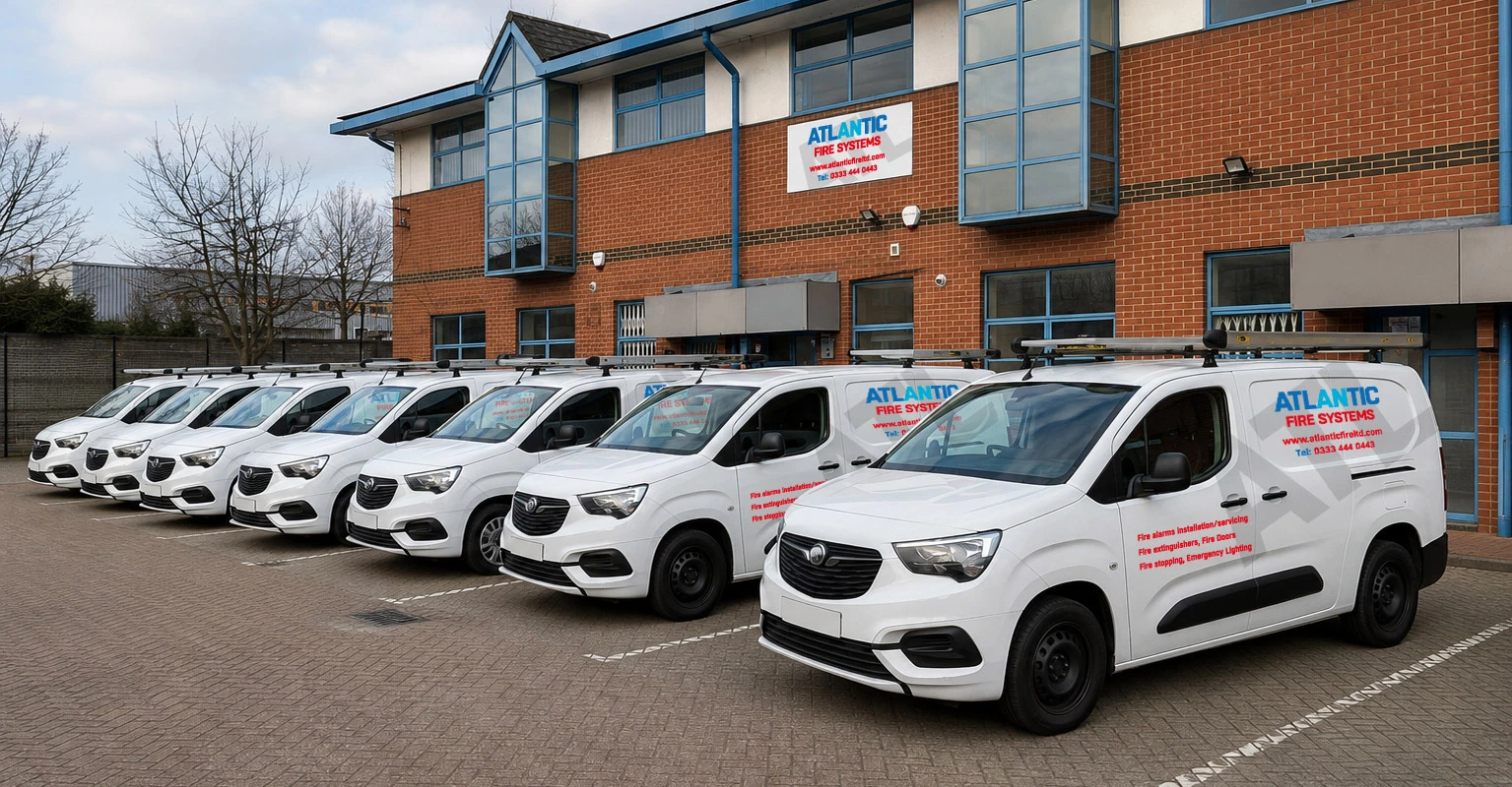 Row of white Atlantic Fire Systems service vans parked outside the Atlantic Fire office building