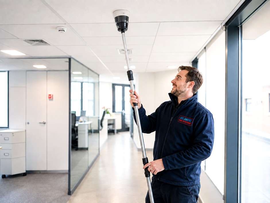 Atlantic Fire engineer testing a ceiling detector with a telescopic test pole in an office