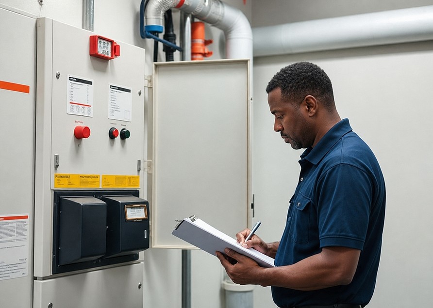 Engineer completing written maintenance records beside a fire alarm control panel in a plant room
