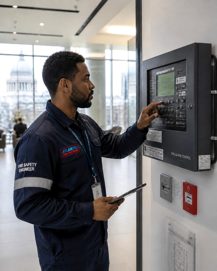 Black Atlantic Fire engineer operating a fire alarm control panel in a London office with St Paul’s Cathedral visible outside