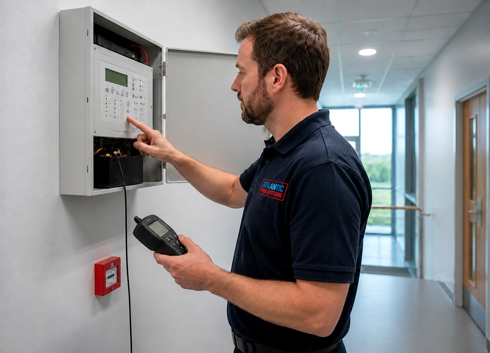 Atlantic Fire engineer testing an open fire alarm control panel with a handheld device in a corridor