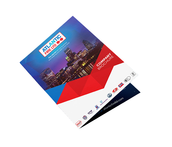 The Atlantic Fire Ltd company brochure cover, showing the London skyline and the Atlantic Fire logo