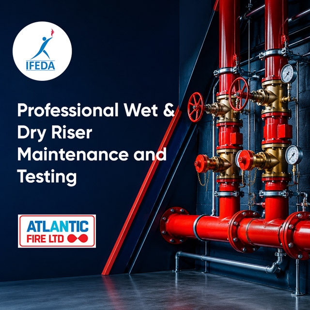 Professional wet and dry riser maintenance and testing by Atlantic Fire Ltd, showing riser pipework, valves and pressure gauges