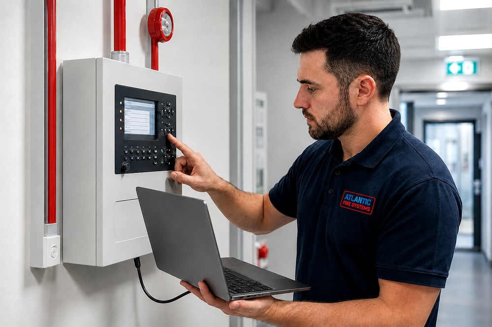 Atlantic Fire engineer operating a fire alarm control panel with a laptop beside red fire-safety pipework