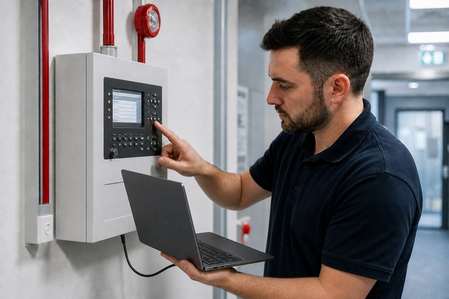 Atlantic Fire engineer commissioning a wall-mounted fire alarm control panel with a laptop