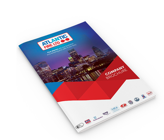 The Atlantic Fire Ltd company brochure cover, showing the London skyline and the Atlantic Fire logo