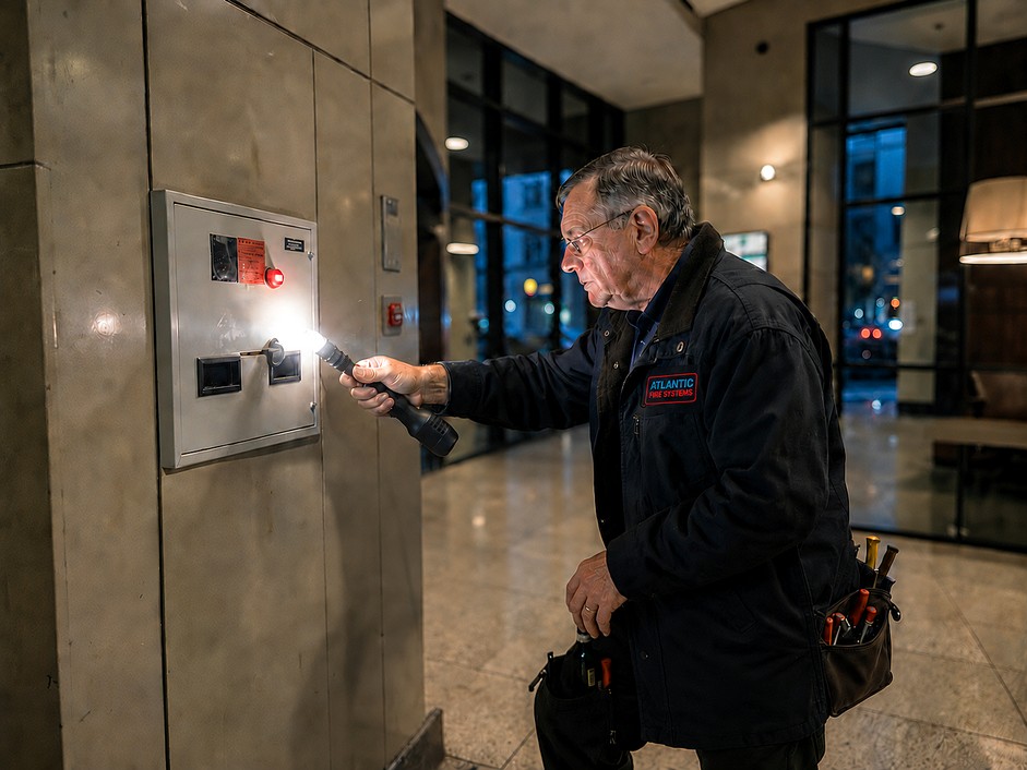 Atlantic Fire engineer testing a fire alarm control panel with a torch in a dark commercial lobby