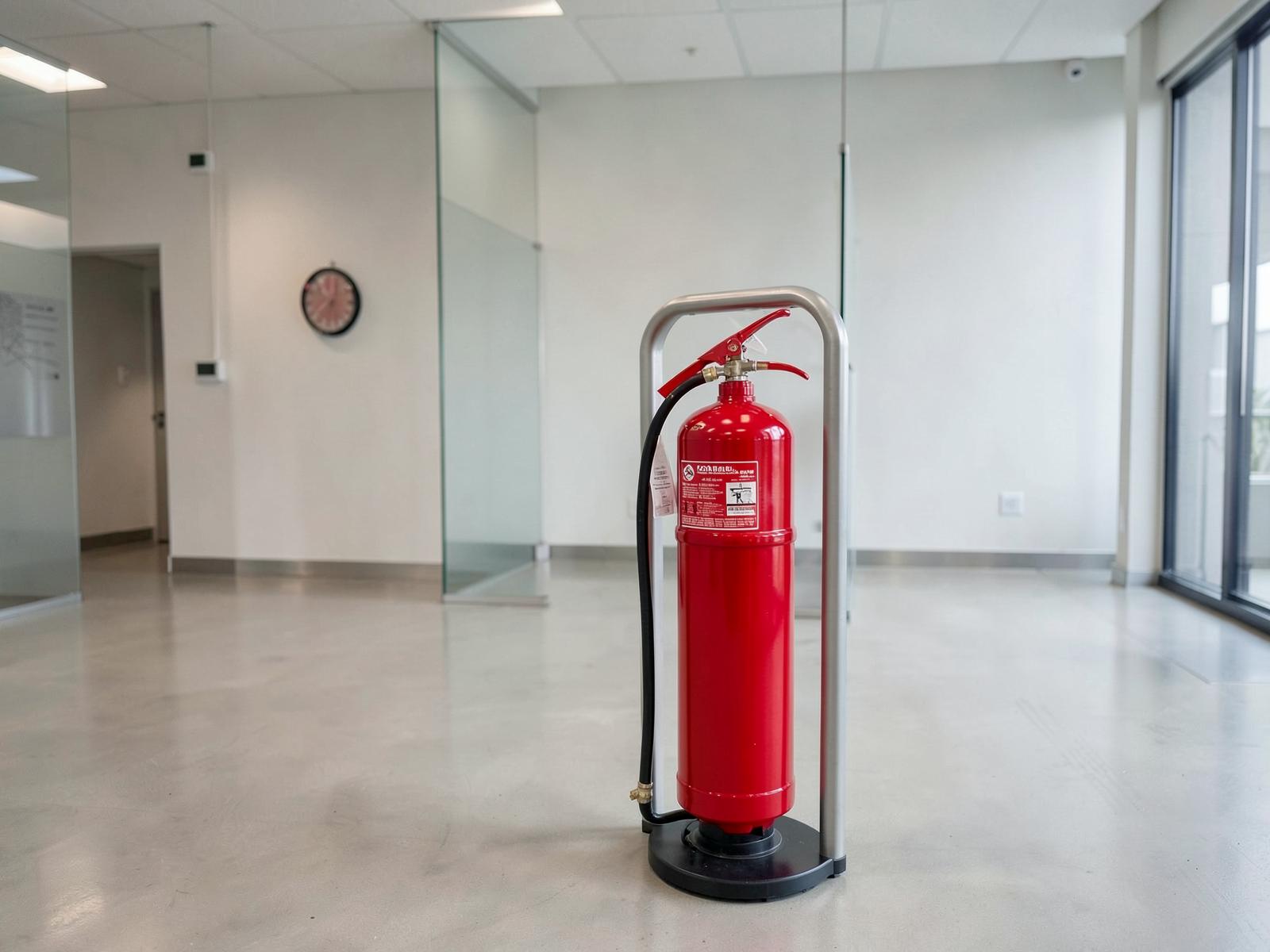 A serviced red fire extinguisher on a stand with an inspection label in an office lobby
