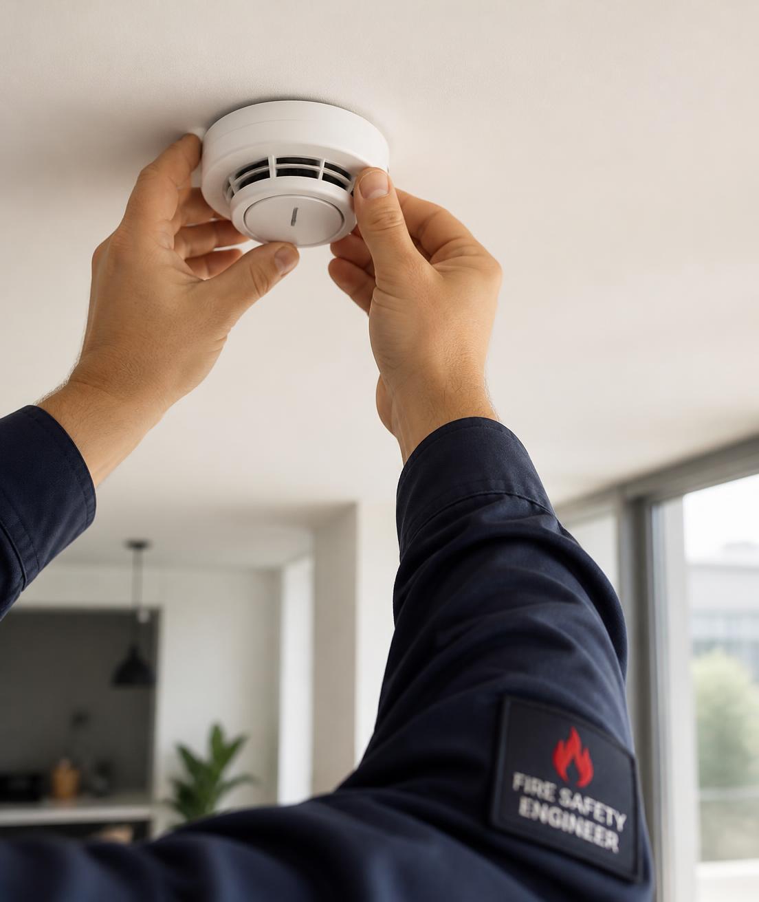 Atlantic Fire engineer fitting a smoke detector to the ceiling of a residential property