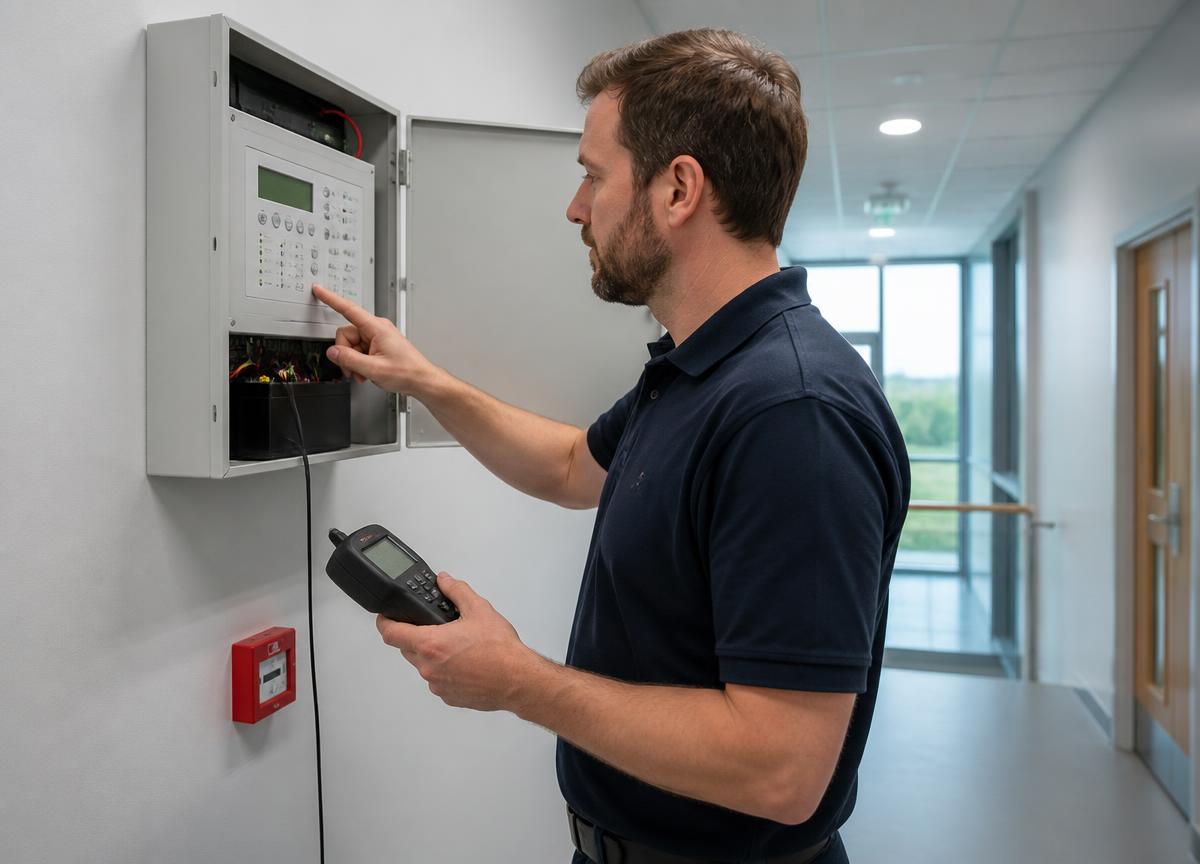 Engineer recording a fire alarm test on a tablet beside a wall-mounted call point