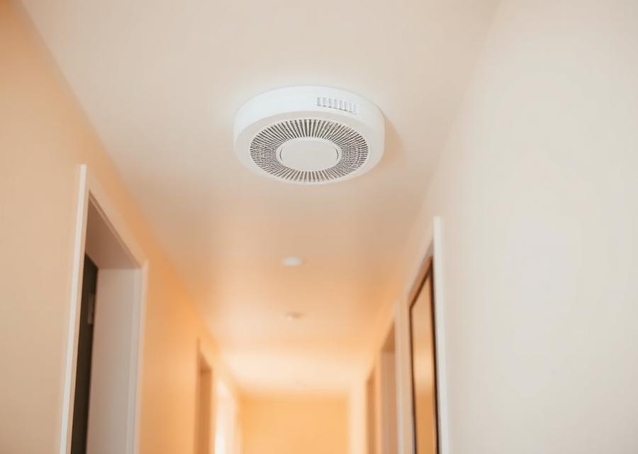 Smoke alarm fitted to the ceiling of a bright residential hallway