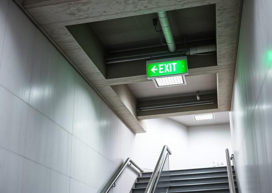 Illuminated emergency exit sign above a building stairwell