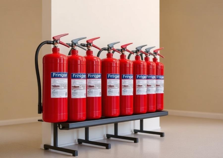 Row of serviced fire extinguishers on a stand in an office